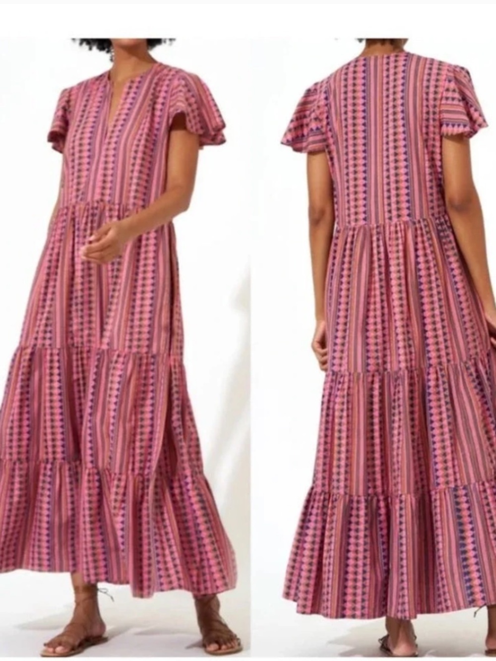 Oliphant Tiered Maxi Dress Pink Geometric Print Cotton Flutter Sleeve